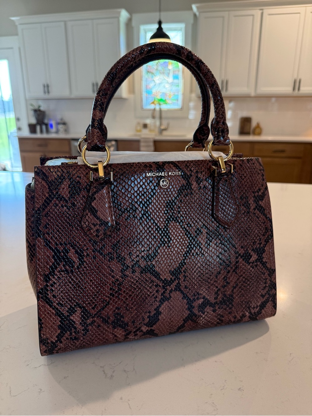 Michael Kors Marilyn Medium Brown Embossed Snake Leather Satchel